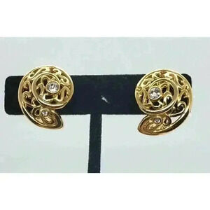 Vintage Earrings Gold Filigree Snail Shell & Rhinestone Accent Clip On
